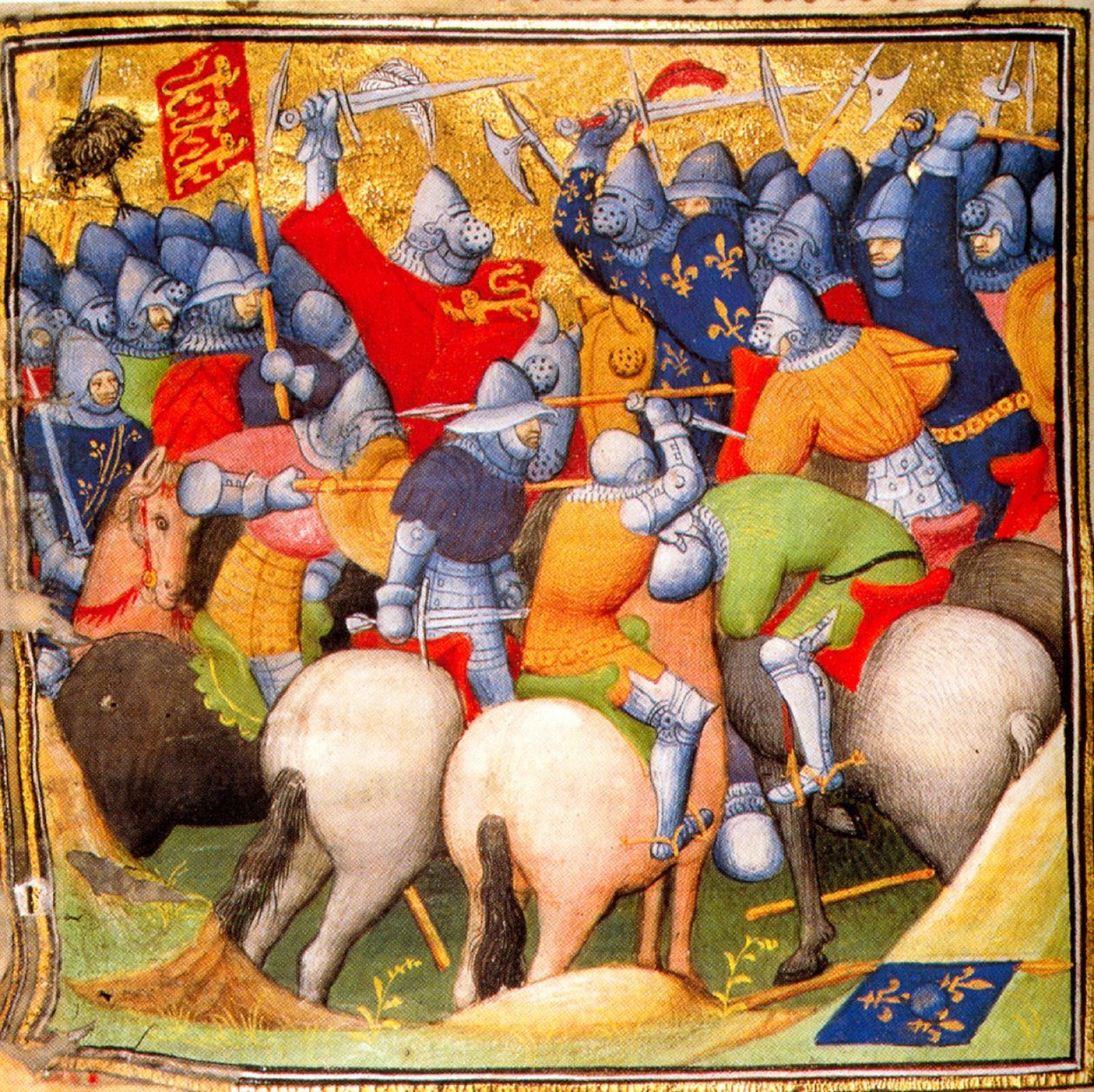 Angličané bojující s francouzskými rytíři v bitvě u Crécy v roce 1346, Grandes Chroniques de France, 1415 (26228020225). od Georgia Levan Ramishvili from Tbilisi