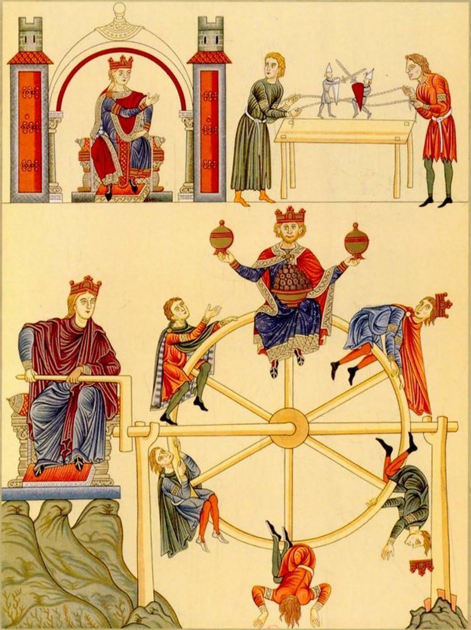 Bojové loutky rytířů a kolo štěstí z knihy Hortus Deliciarum od Herrada z Landsbergu, 1167-85 (27665671887) od Georgia Levan Ramishvili from Tbilisi