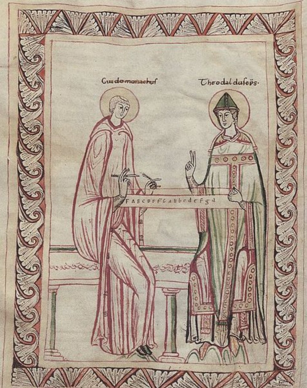 Guido z Arezza a biskup Tedald při práci na monochordu, miniatura z 11. století (21954743795) od Georgia Levan Ramishvili from Tbilisi