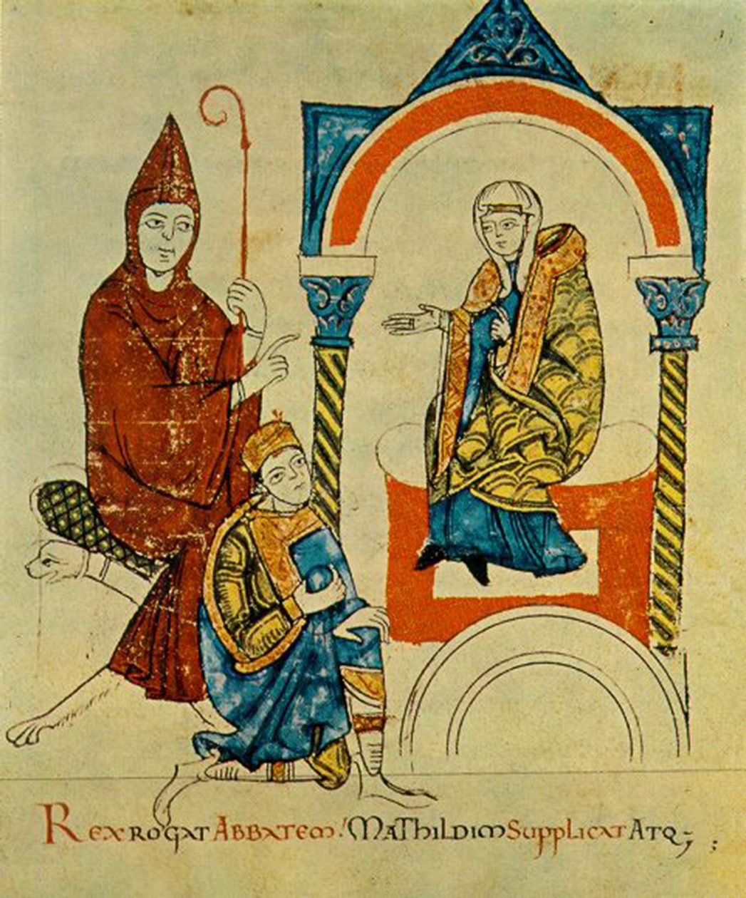 Král - Svatý římský císař Jindřich IV. - se modlí k opatovi - Hugovi z Cluny - a prosí Matyldu - z Canossy -, z Vita Mathildis, asi 1115 (34295963116) od Georgia Levan Ramishvili from Tbilisi