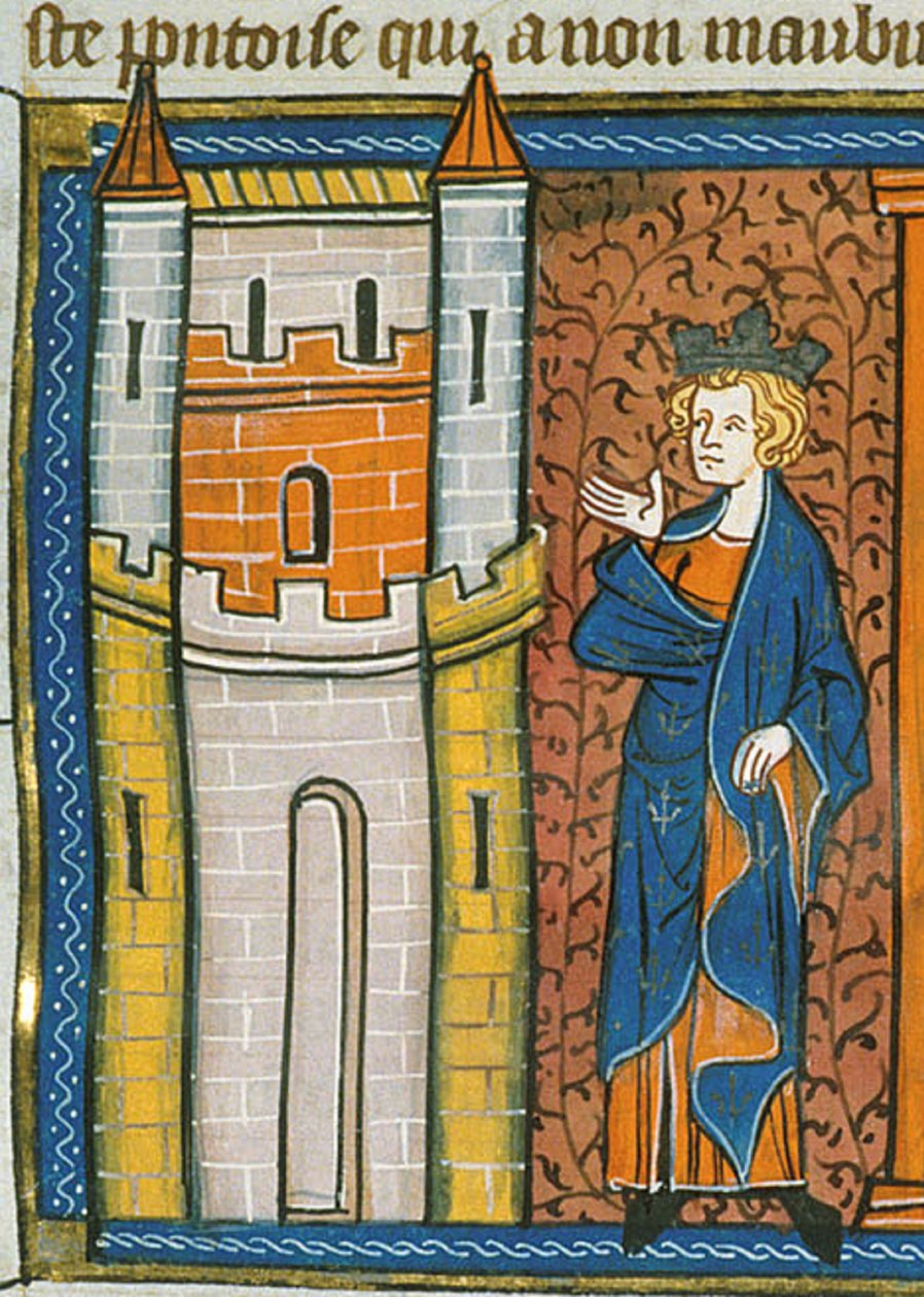Ludvík IX. před pevností, z Chroniques de France ou de St Denis, 14. století (22690438696) od Georgia Levan Ramishvili from Tbilisi