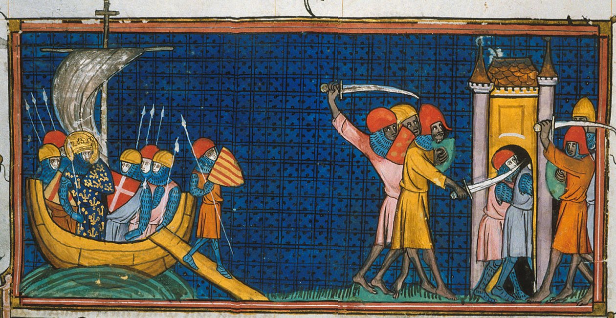 Ludvík IX. přistává v Tunisu a Francouzi jsou odříznuti Saracény ve věži, z Chroniques de France ou de St Denis, 14. století (22528512660). od Georgia Levan Ramishvili from Tbilisi