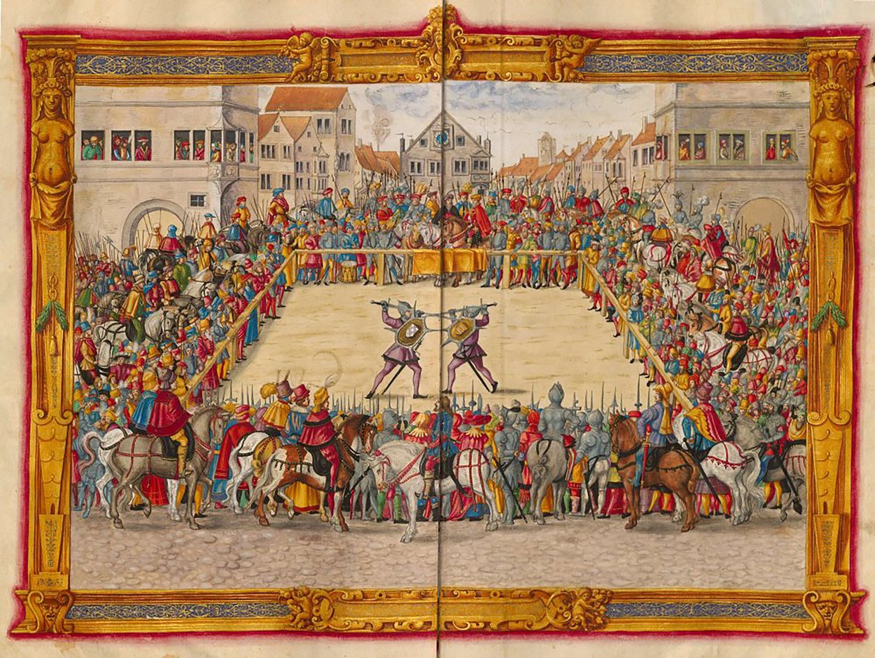 Souboj maršála Wilhelma von Dornsberg a Theodora Haschenackera na augsburském vinném trhu, z knihy Fechtbucher od Jörga Breua mladšího, asi 1544 (48108343966) od Georgia Levan Ramishvili from Tbilisi