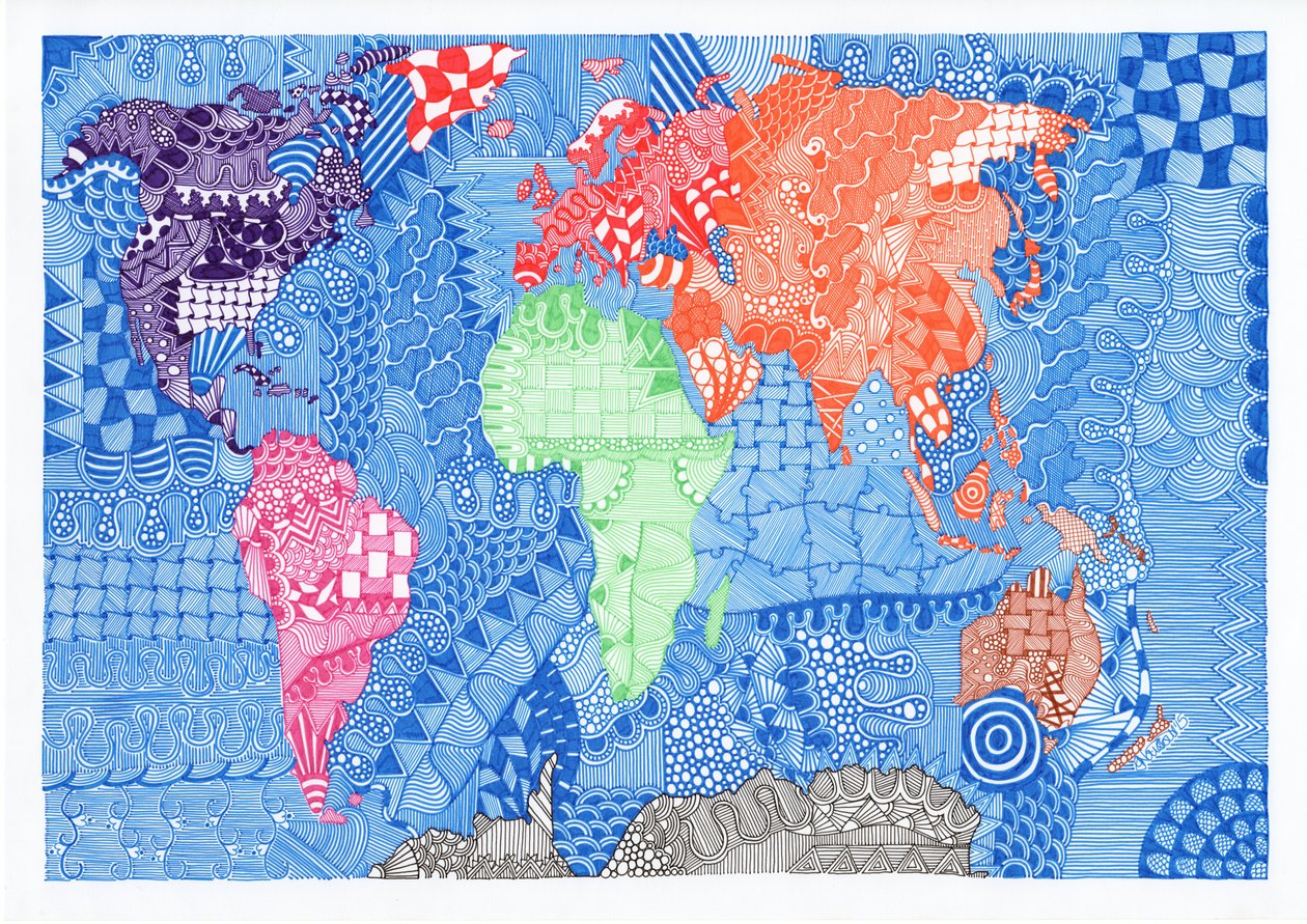 Mapa světa, 2015 (tuš na bristolové desce) od Georgina Naisbitt