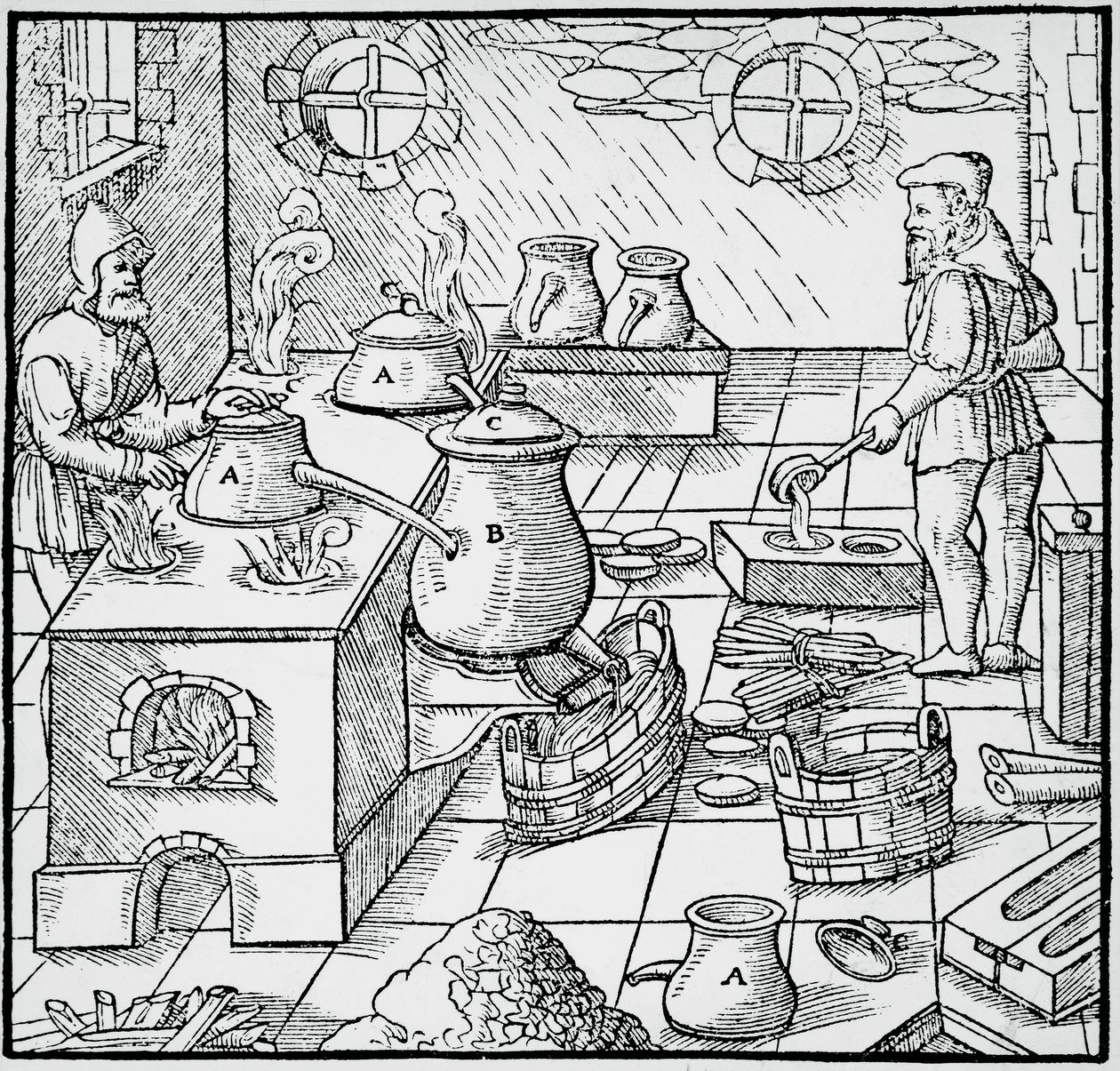 Rytina z De re metallica (O povaze kovů), od Georga Pawera nebo Georgiuse Agricoly (1494-1555), publikovaná v Basileji od Georgius Agricola