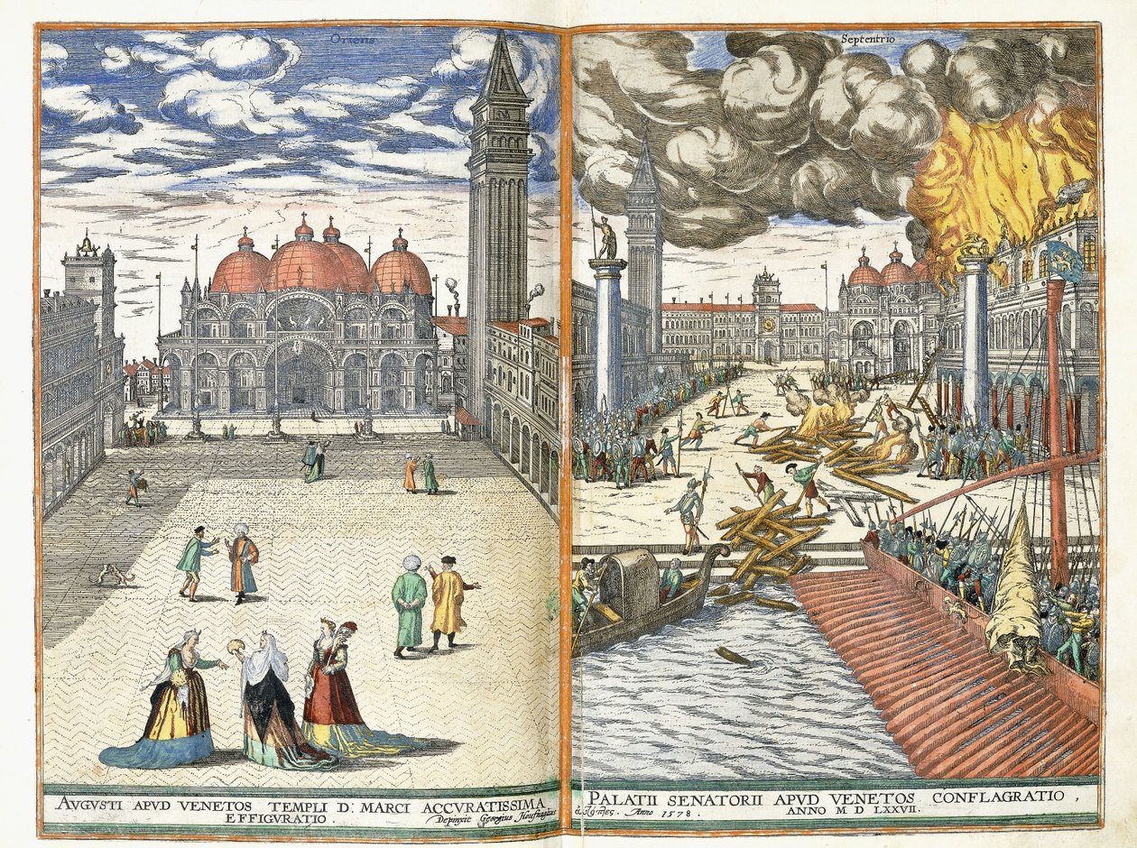 Piazza San Marco a požár Palazzo Senatorii, c.1577-8 od Georgius Housnaglius
