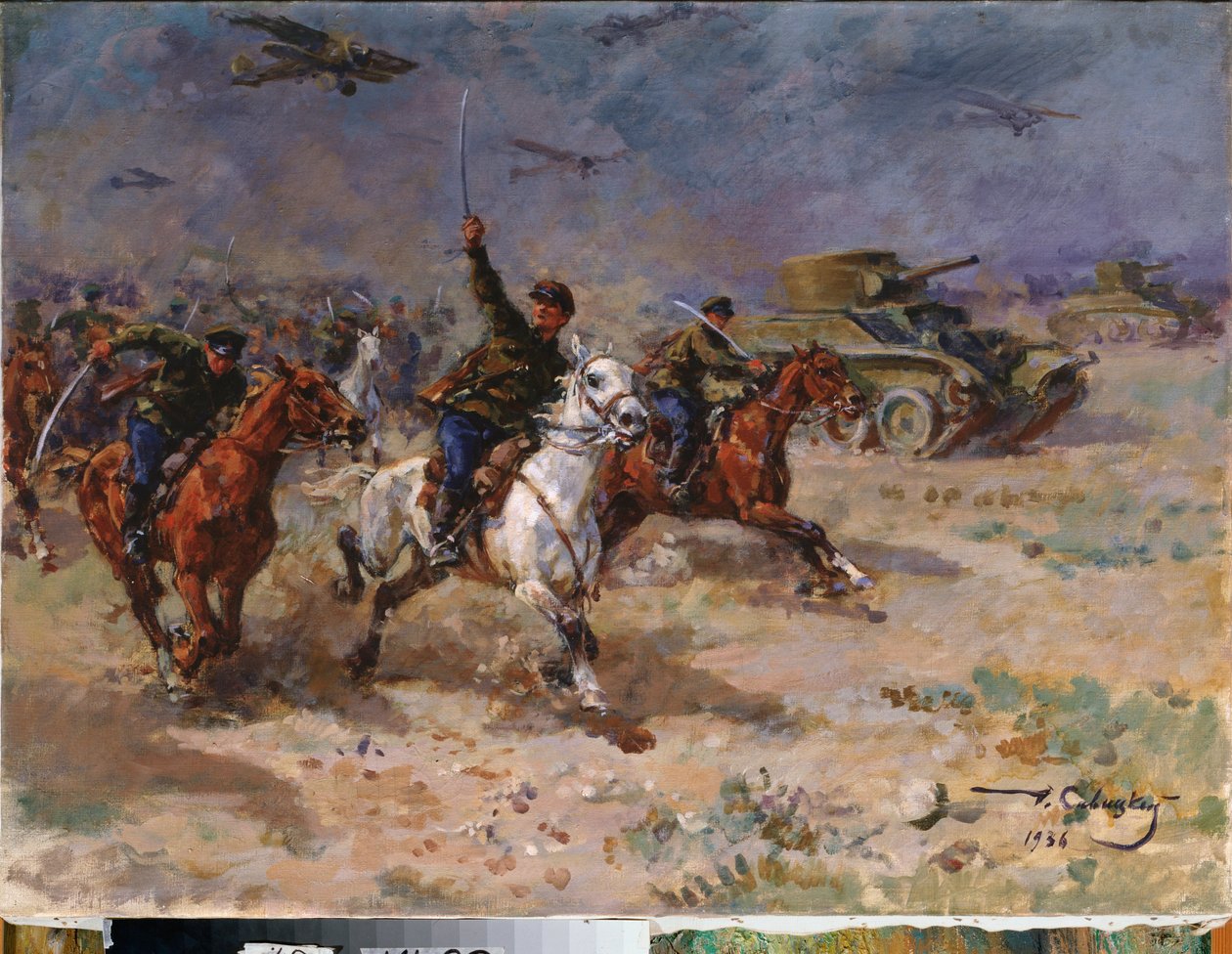 Útok (tanky a kavalérie Rudé armády během říjnové revoluce) - Útok - Malba George (Georgy, Georgi) Konstantinovič Savitsky (1887-1949), olej na plátně od Georgiy Konstantinovich Savitsky