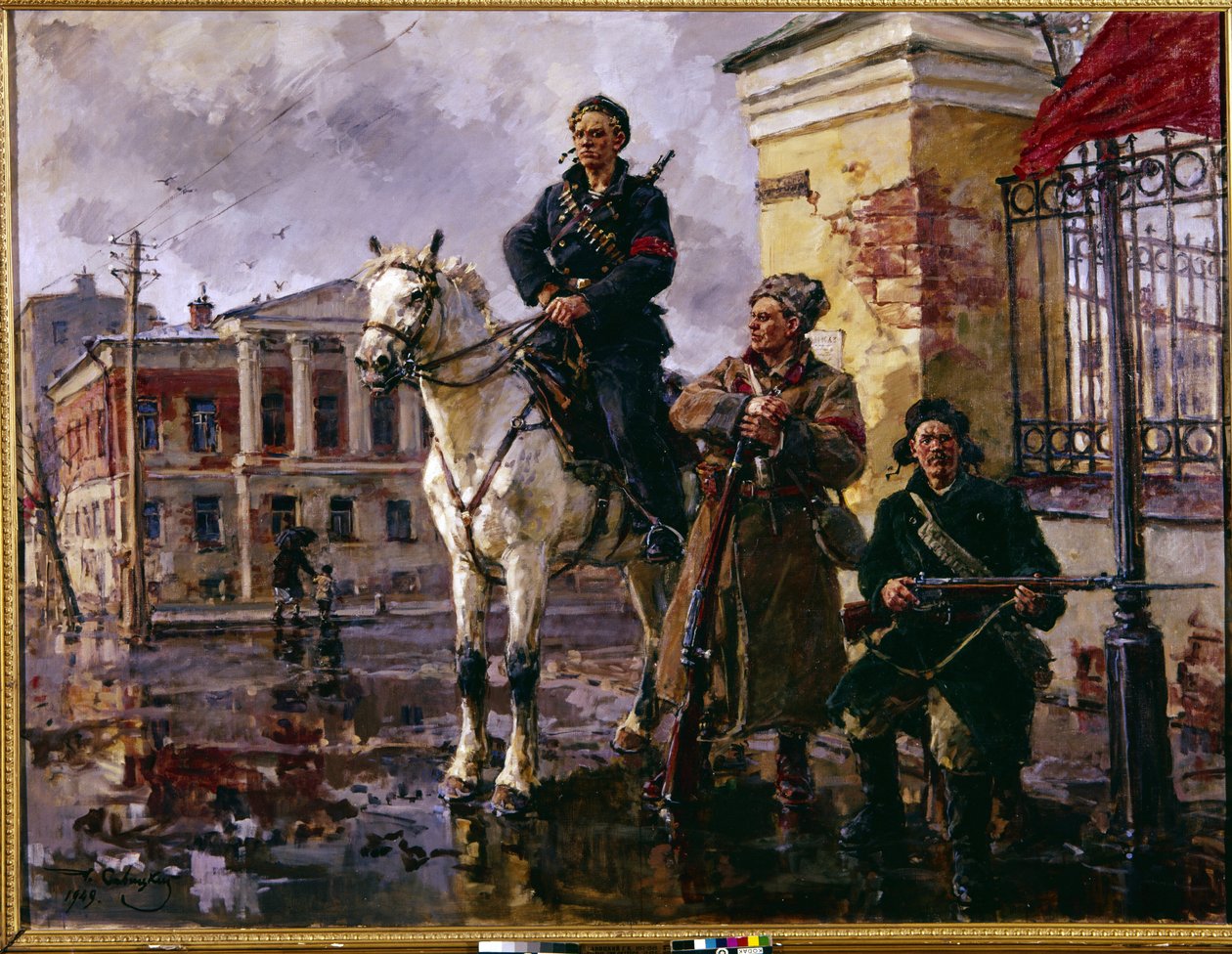 Ruská revoluce z října 1917: ""první dny října"" (první dny října). Dobytí Zimního paláce v Petrohradě 25. října 1917, útok vedený Rudými gardami a bolševiky. Obraz od George (Georgy, Georgi) od Georgiy Konstantinovich Savitsky