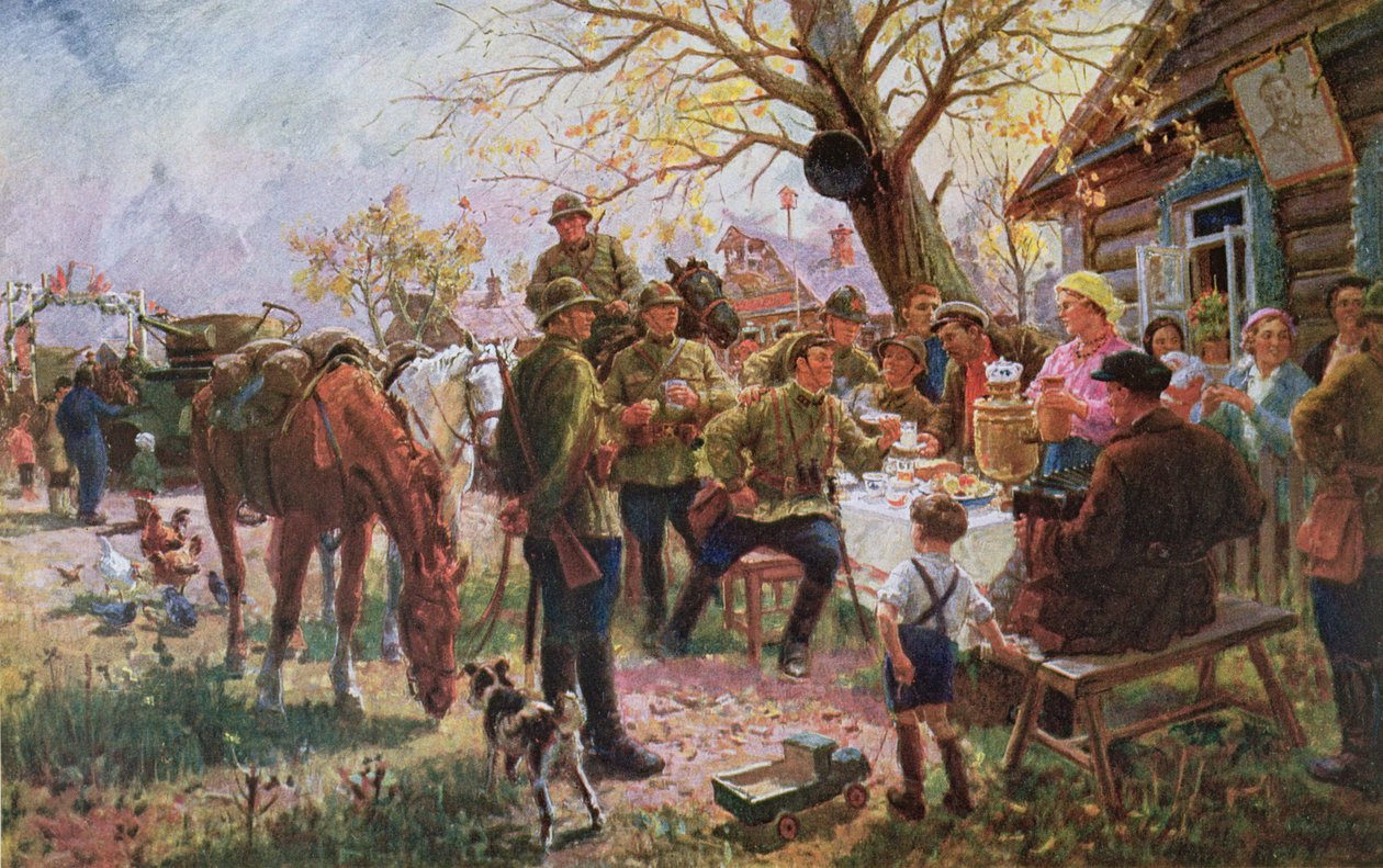 Vojáci Rudé armády na manévru obdrží přivítání a odpočinek v kolchozu od Georgiy Konstantinovich Savitsky