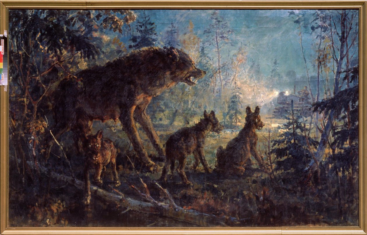 Setkání v lese (Vlčice a její mláďata tváří v tvář traktoru, v noci) - Setkání v lese - Obraz George (Georgy, Georgi) Konstantinovič Savitsky (1887-1949), olej na plátně od Georgiy Konstantinovich Savitsky