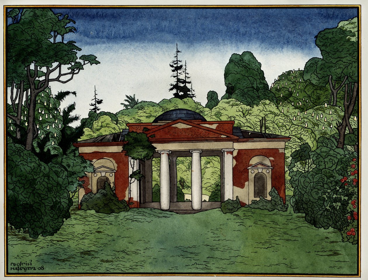 Pavilon v oblasti Tsaritsino (Moskva, Rusko) (Pavillon v parku Tsaritsino). Dílo Georgi Ivanoviče Narbuta (1886-1920), tuš a akvarel na papíře od Georgy Narbut