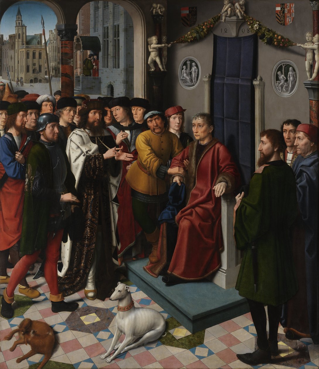 Spravedlivý diptych pro radní komoru radnice v Bruggách. Panel 1 - Zajetí zkorumpovaného soudce Sisamnes od Gerard David
