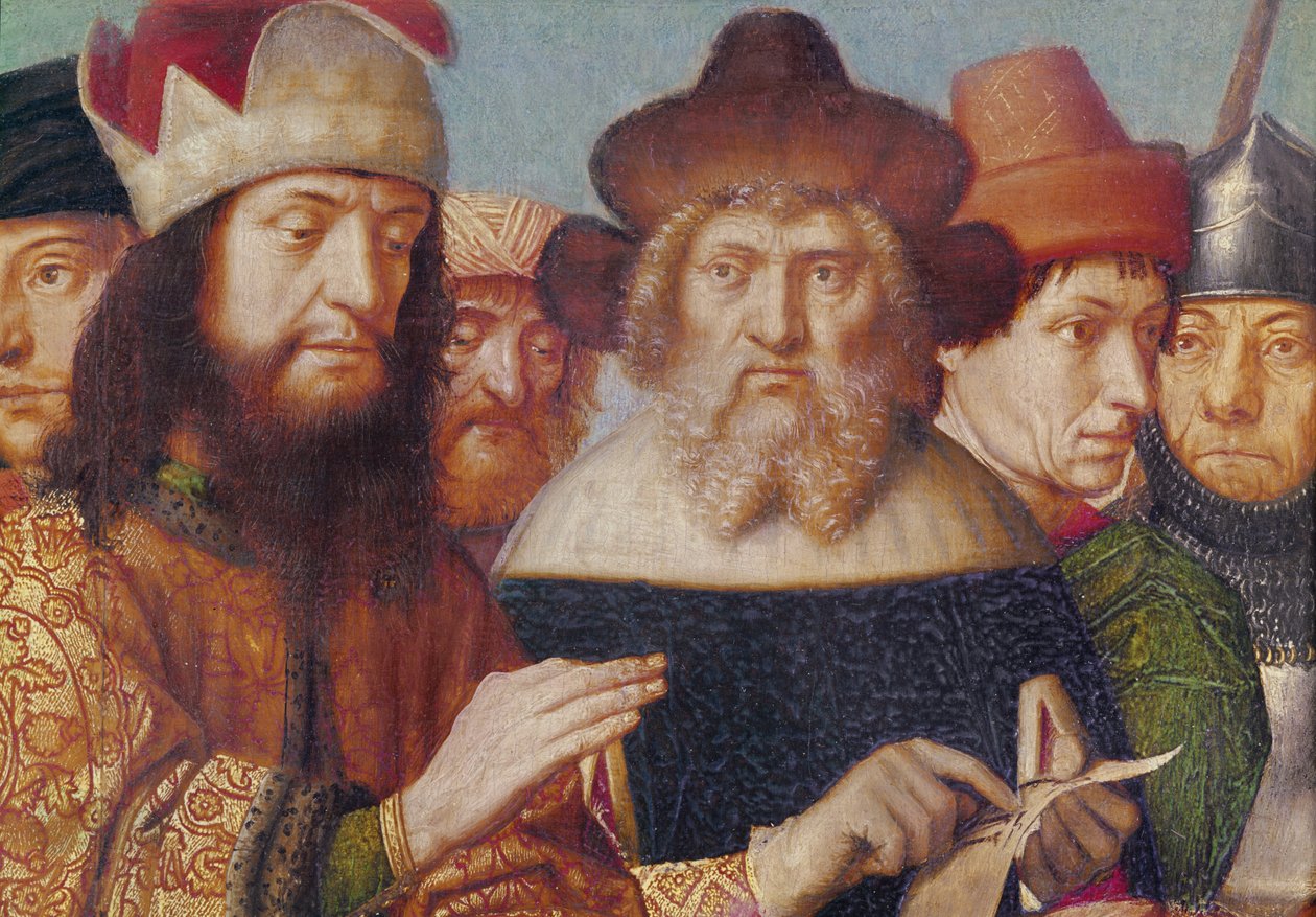 Triptych Ukřižování, levý panel: Židovští soudci, detail hlav římských vojáků, olej na panelu cca 1480 od Gerard David