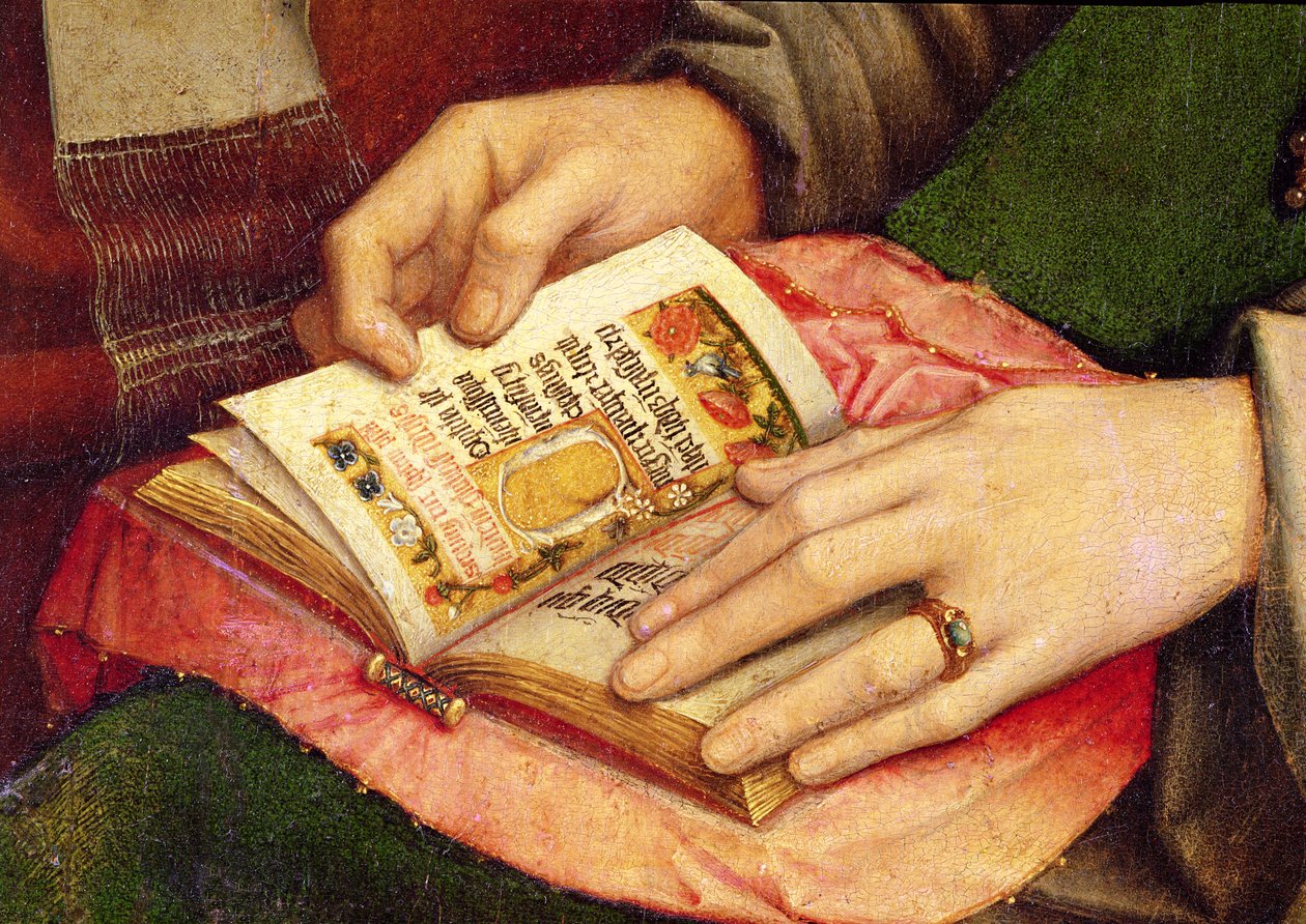 Panna a dítě se svatými, detail otevřené knihy, kolem 1509 od Gerard David