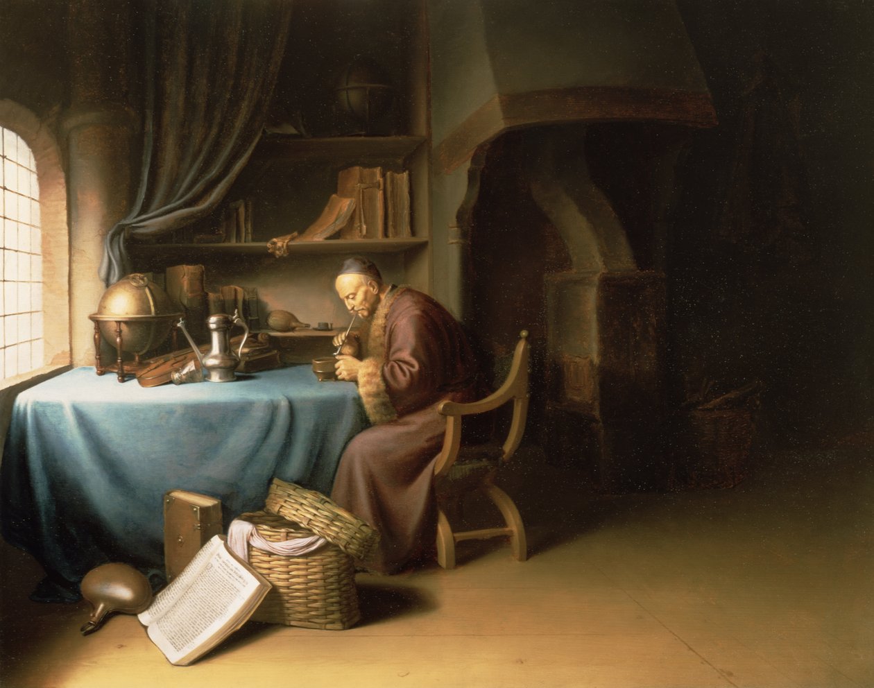 Starý muž, který si zapaluje dýmku v pracovně od Gerrit Dou