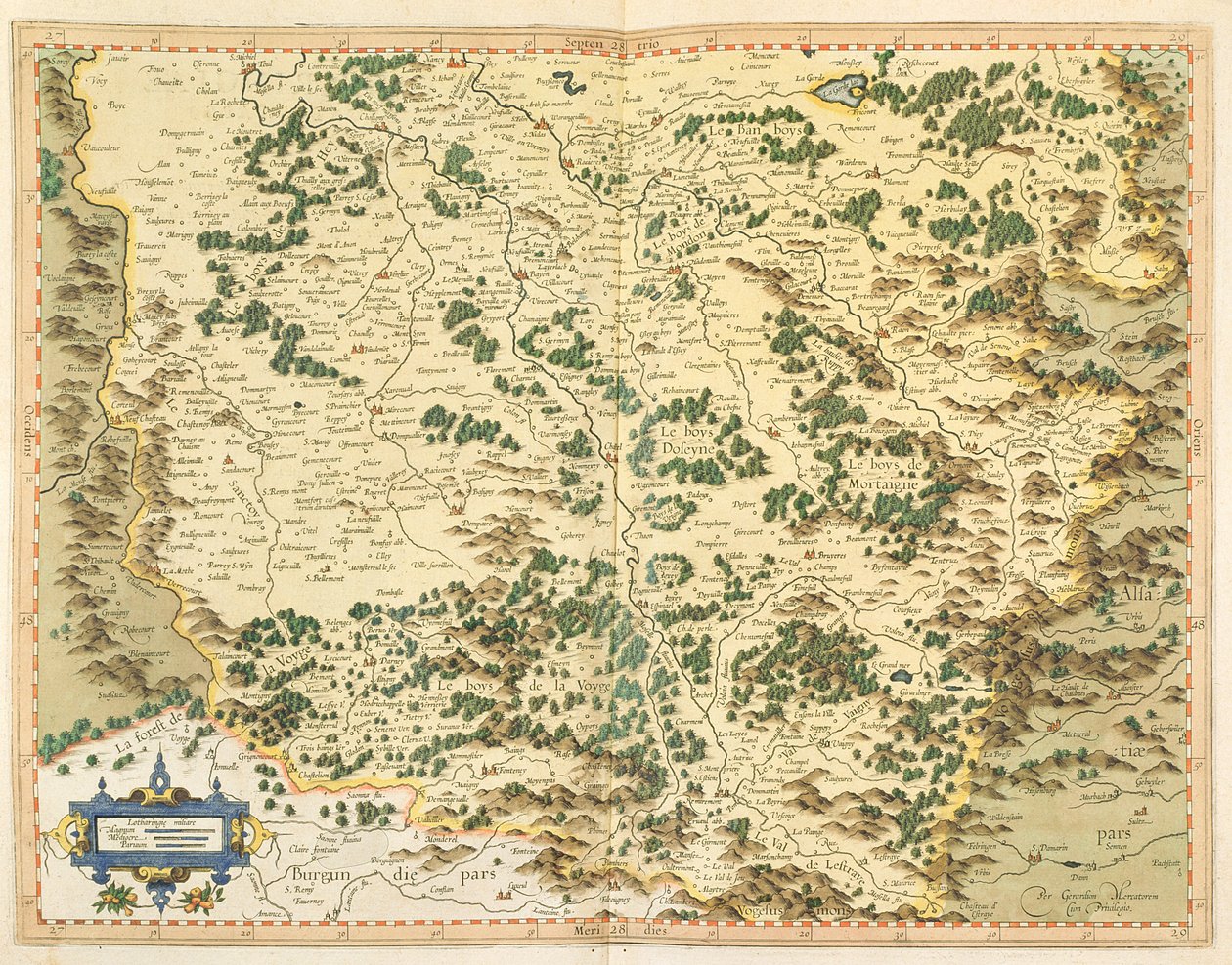Mapa Lorraine z „Atlasu nebo kosmografických úvah o stvoření a stvoření světa“, kterou vydal Hondius v roce 1632 od Gerardus Mercator