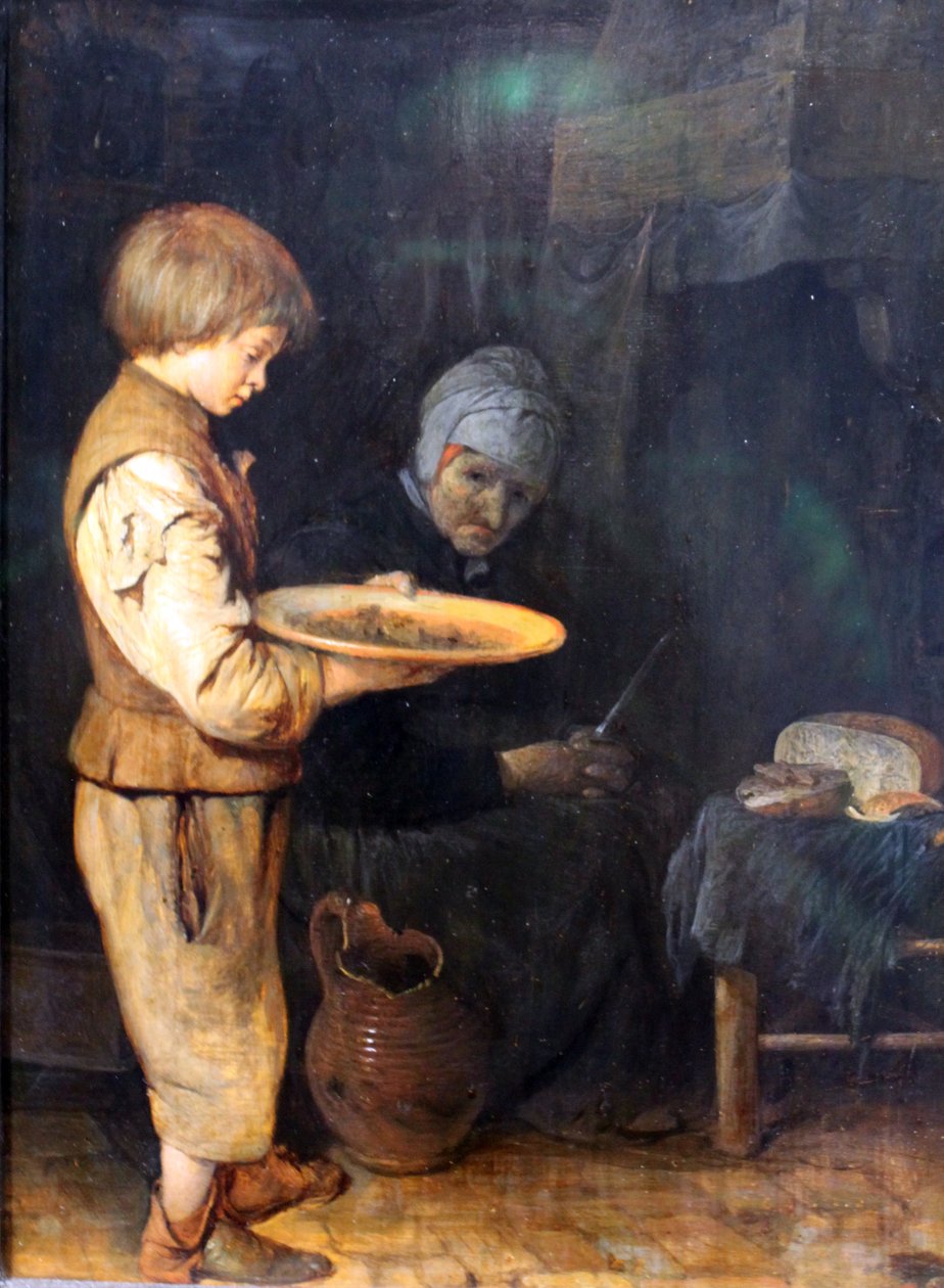 Stařena a chlapec sdílejí jednoduché jídlo od Gerard ter Borch