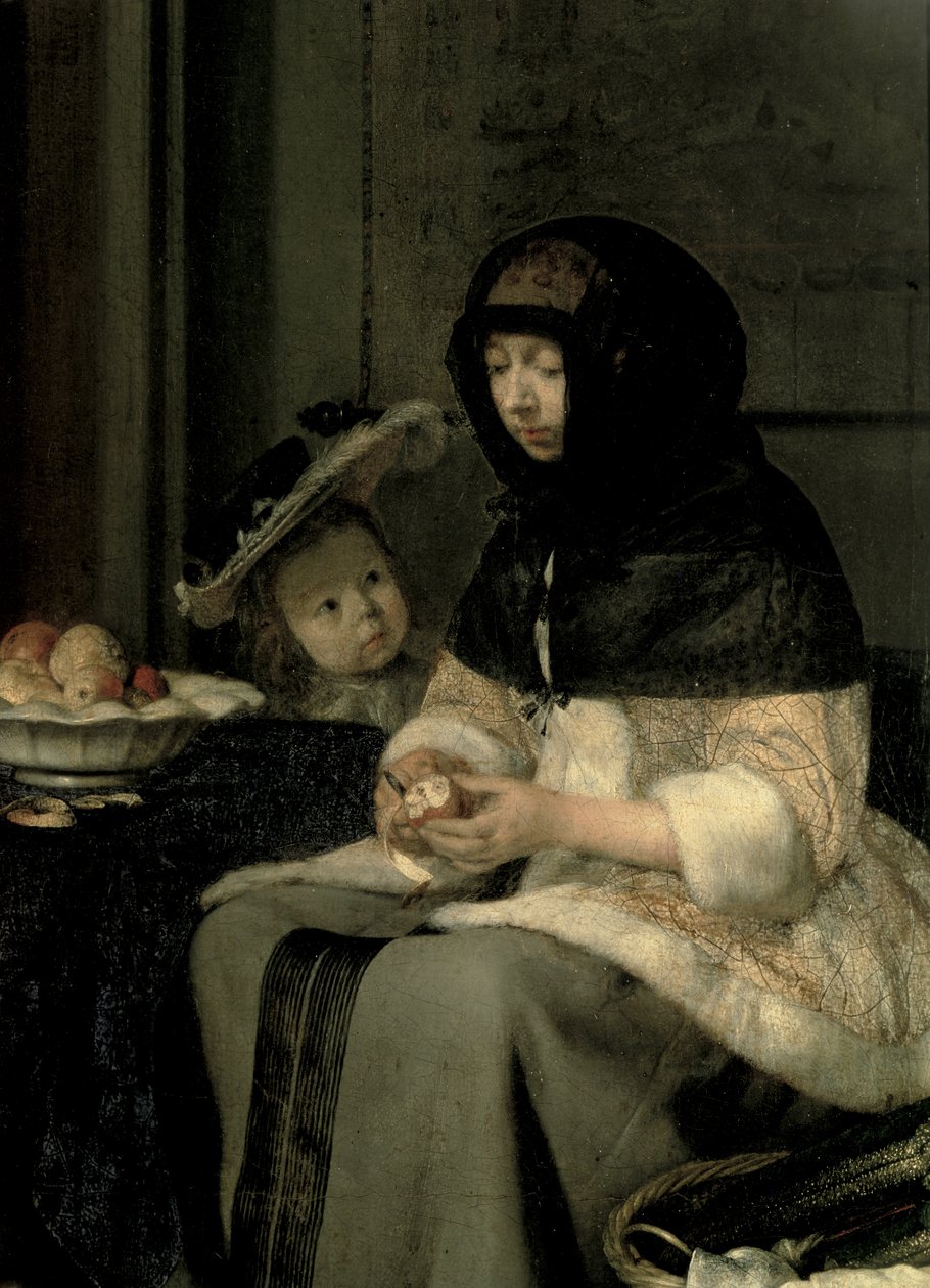 Škrabka na jablka, 1660 (detail 13129) (olej na plátně na panelu) od Gerard ter Borch