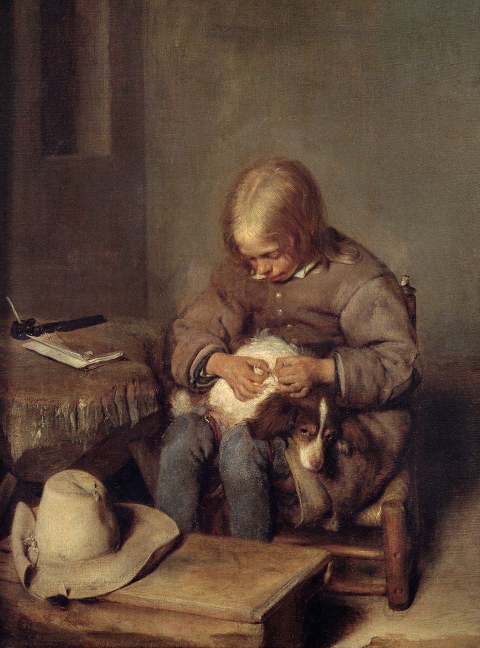 Lapač blech (Chlapec se svým psem) kolem roku 1655 od Gerard ter Borch