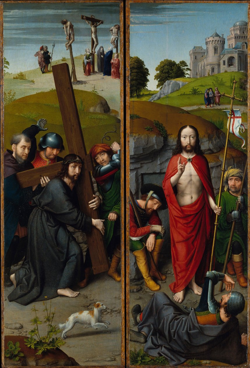 Kristus nesoucí kříž s ukřižováním; Vzkříšení, s poutníky z Emauz, kolem roku 1510 (olej na dubovém panelu) od Gerard David