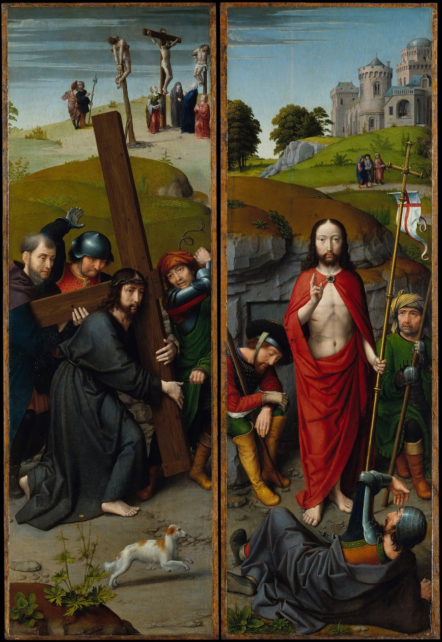 Kristus nesoucí kříž, s ukřižováním, vzkříšení, s poutníky..., ca. 1510. od Gerard David