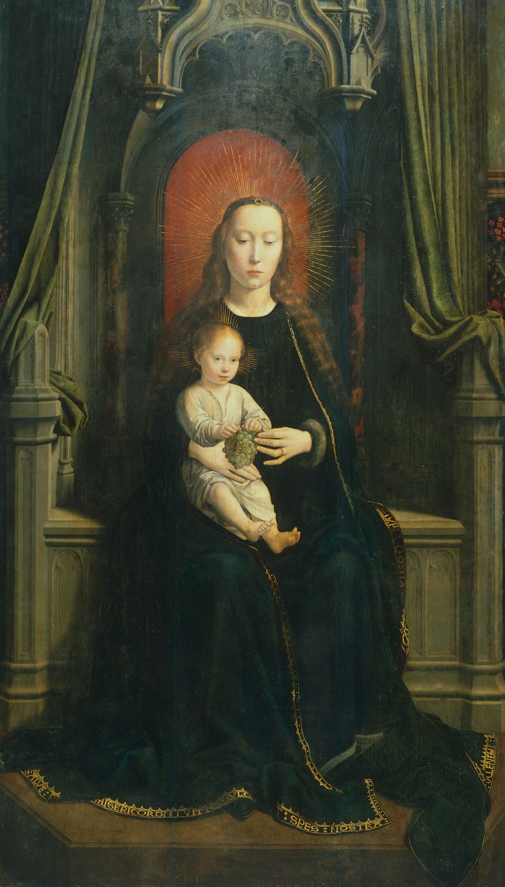 Trůnící Madona s dítětem nebo Madona z hroznů, centrální panel Cervarského oltáře od Gerard David