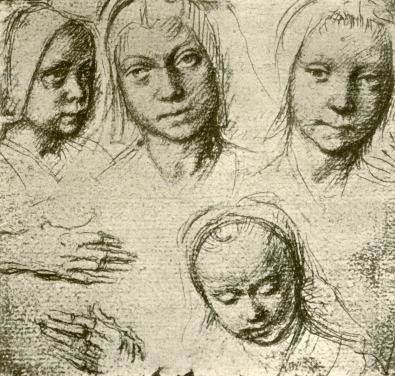Čtyři hlavy mladé dívky a dvě ruce, c1500-1505, 1908. od Gerard David