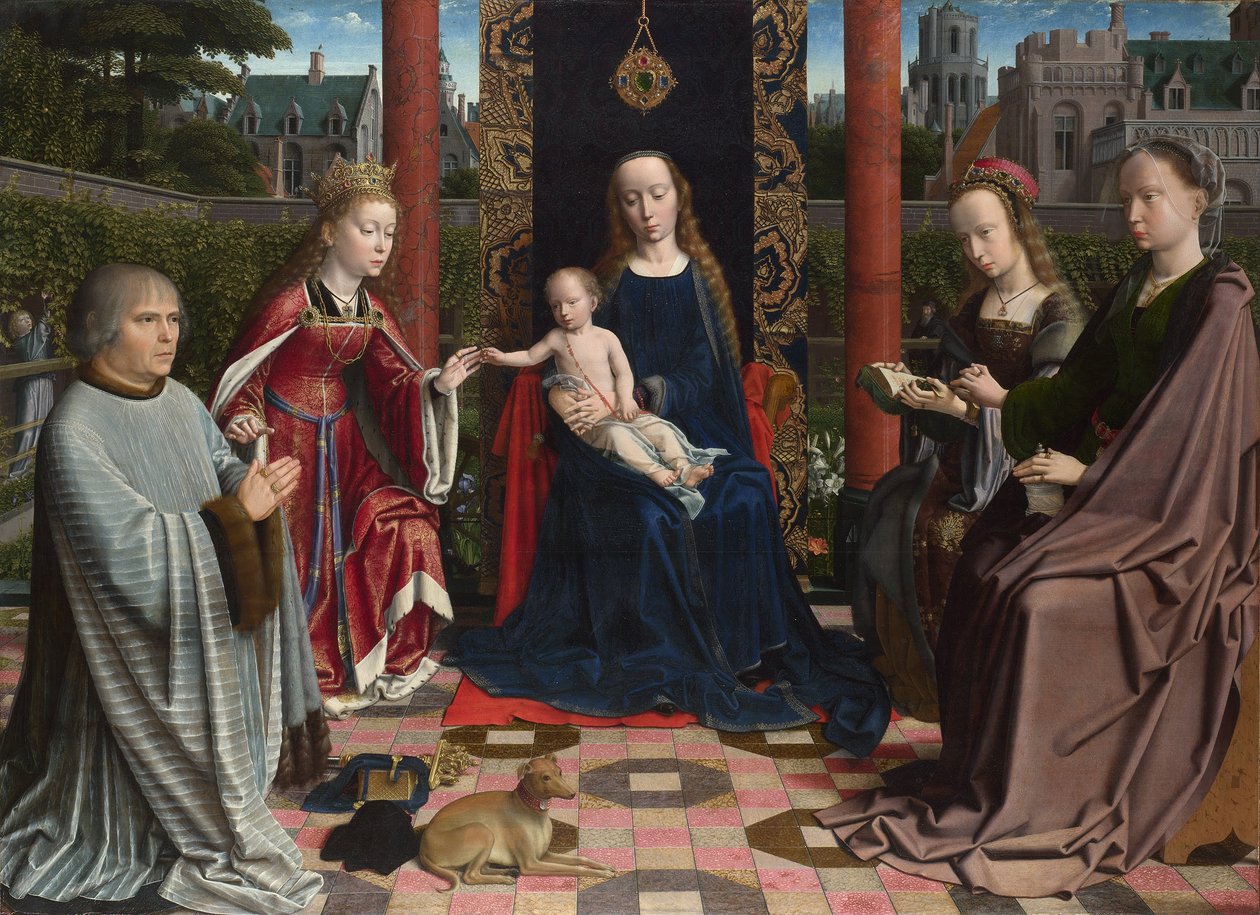 Francouzština:  Gérard David The Virgin and Child with Saints and Donor (Panna s dítětem se svatými a dárcem). od Gerard David