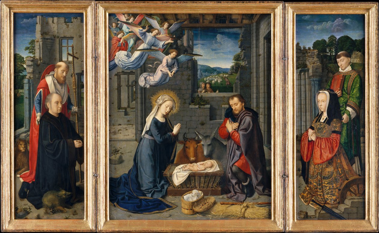 Narození Páně s dárci a svatými Jeronýmem a Leonardem, ca. 1510-15. od Gerard David
