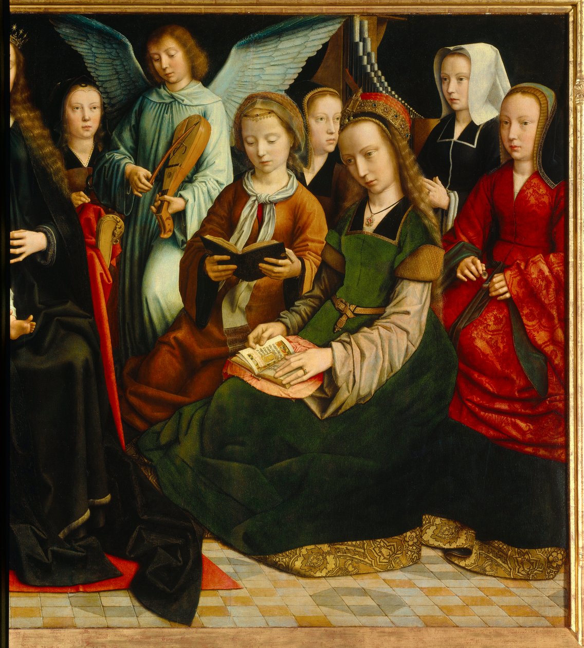 Panna mezi svatými. Detail Saintes: Saint Apolline (nebo Apollonia), Saint Godeline, Saint Cecile, Saint Barbe, Saint Lucia. Obraz Gerarda Davida (1460-1523) od Gerard David