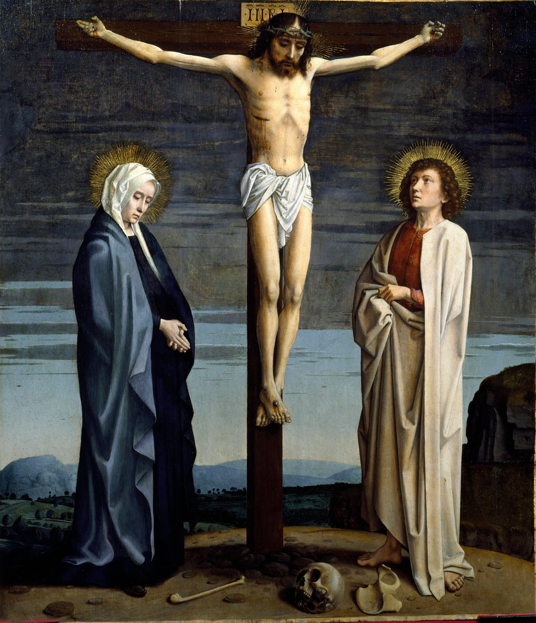 Ukřižování. Nápis „“ INRI““ (I.N.R.I.) na kříži. Obraz Gerarda Davida (1460-1523) od Gerard David