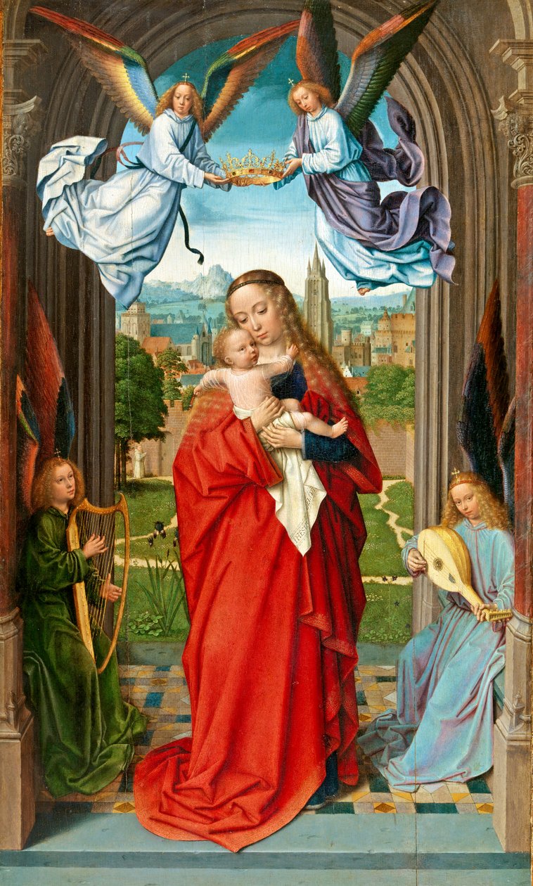 Panna a dítě se čtyřmi anděly, kolem 1510-15 (olej na dřevě) od Gerard David