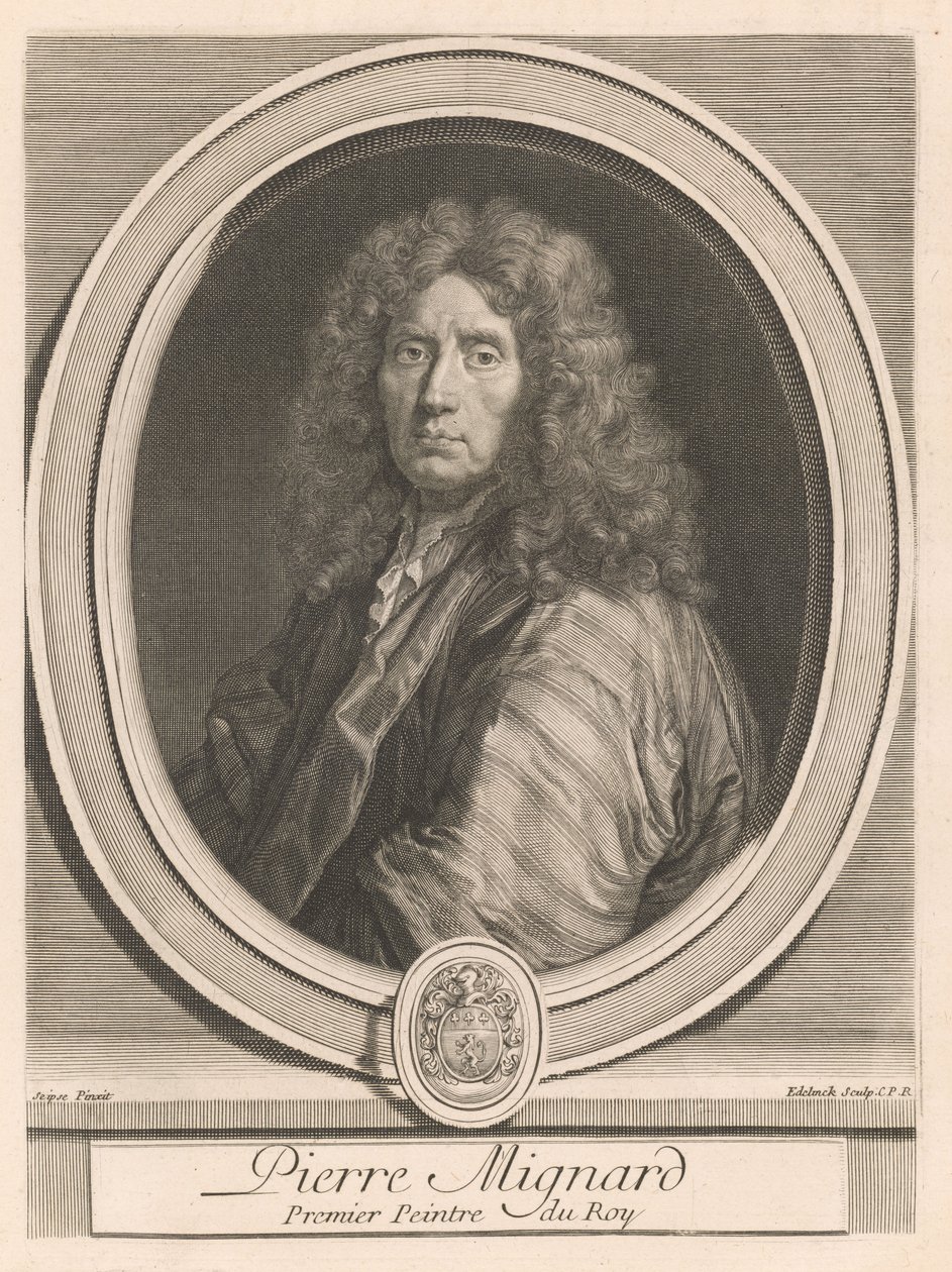 Pierre Mignard, z knihy Les hommes illustres qui ont paru en France pendant ce siècle, sv. II, od Charlese Perraulta (Slavní muži, kteří se objevili ve Francii během tohoto století, sv. II) od Gérard Edelinck