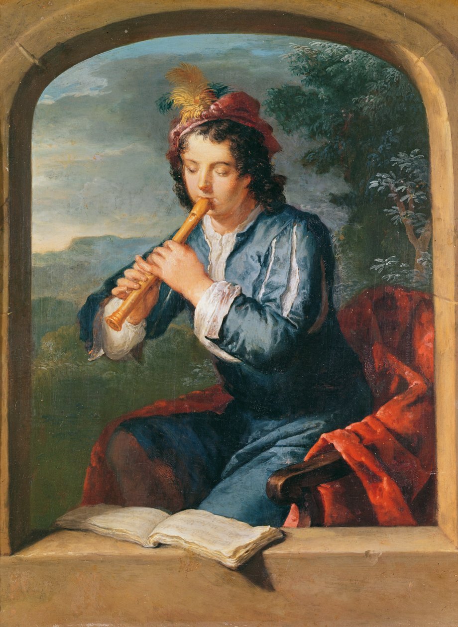 Mladý muž hrající na flétnu (pastel na papíře) od Gerard Hoet