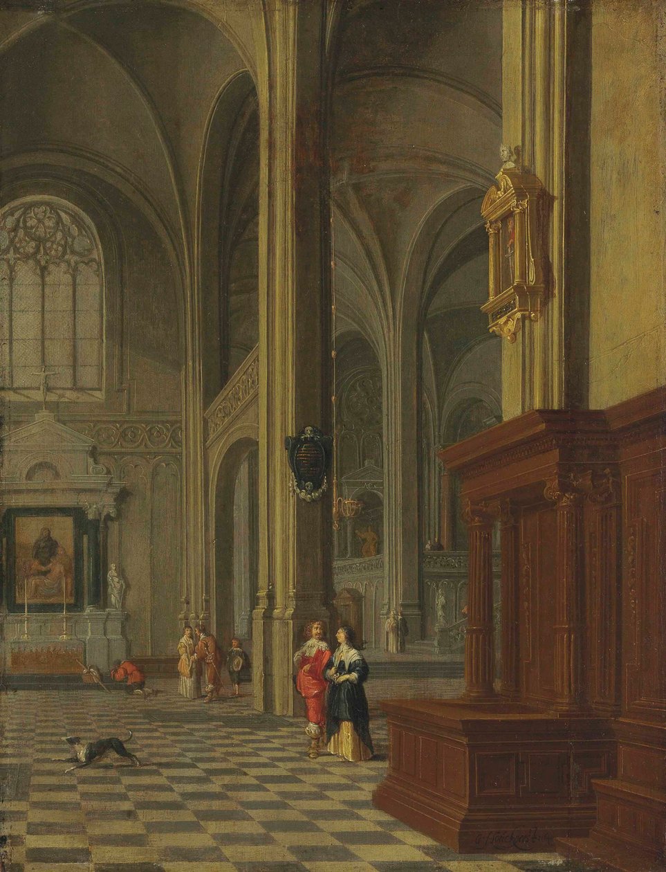 Německy: Inneres einer Kirche Gotický interiér kostela s elegantními postavami od Gerard Houckgeest