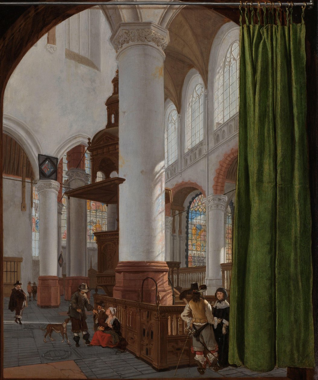 Interiér Oude Kerk v Delftu Interiér Oude Kerk v Delftu se závěsem Trompe-l