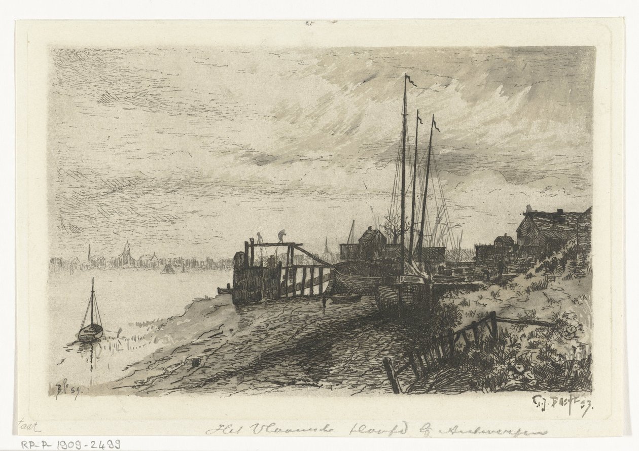 výhled na řeku Vlámská hlava poblíž Antverp (název na objektu) od Gerard Jan Bos (signed by artist)