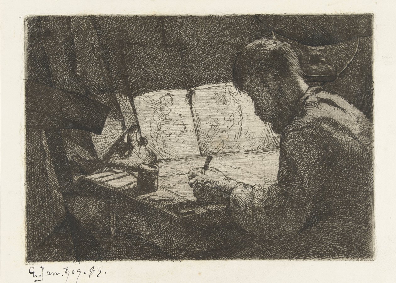 Autoportrét za rýsovacím prknem od Gerard Jan Bos (signed by artist)