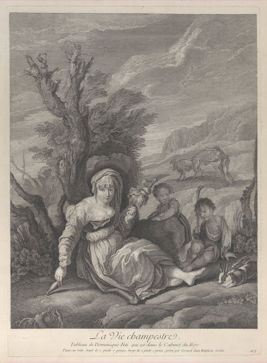 Venkovská žena sedící v krajině se dvěma chlapci po boku, 1729-40. od Gerard Jean Baptiste Scotin