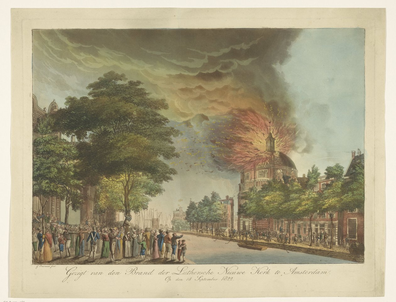 Požár v Novém luteránském kostele na Singel v Amsterdamu, 18. září 1822 Pohled na značku Lutheran New Church v Amsterdamu (název na objektu) od Gerard Overman