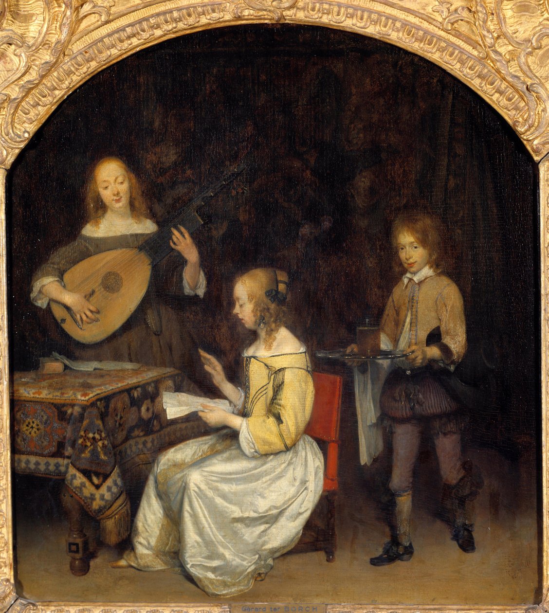 The Concert: zpěvák a hráč Luth Theorbe. Malba Gerarda Ter Borche (1617-1681), holandská škola od Gerard ter Borch
