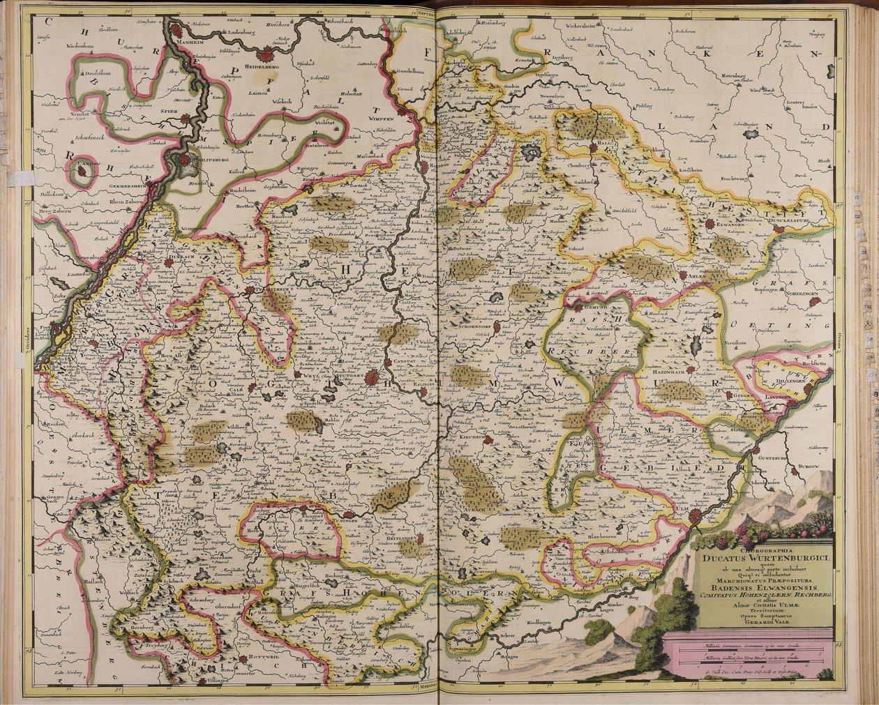 Chorographia ducatus Wurtenburgici quem ab una alteraque parte includunt quique ei includuntur marchionatus praepositura Badensis Elwangensis comitatus Hohenzolern Rechberg et affine almae civitatis Ulmae territorium od Gerard Valck