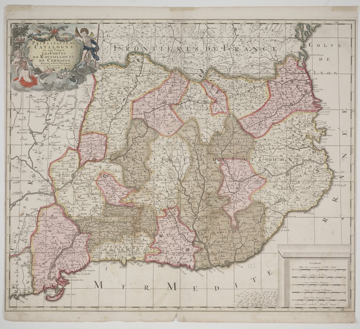 Katalánské knížectví, kolem 1702 (ručně kolorovaný lept) od Gerard Valck
