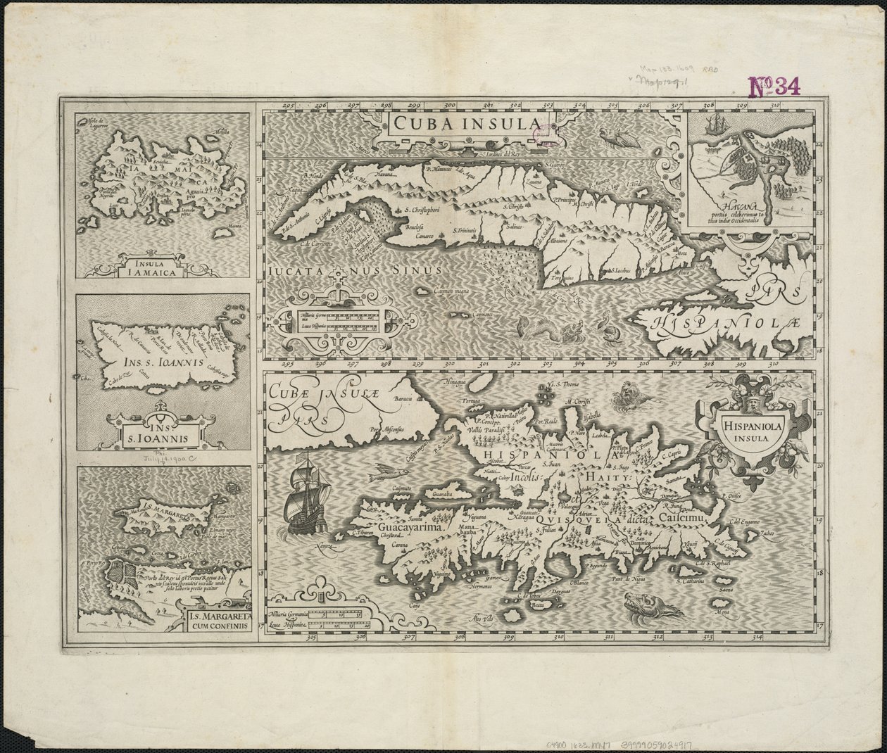 Kuba Insula ; Hispaniola Insula, vyryl Hendrik Hondius, 1633 od Gerard after Mercator