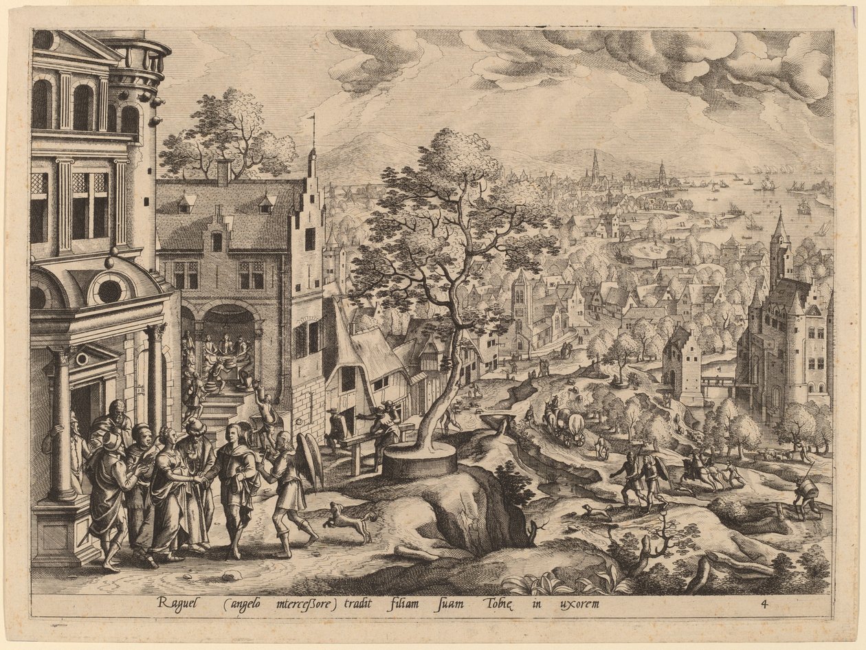 Tobias přijíždí do domu Raguelů od Gerard de Jode after Hans Bol
