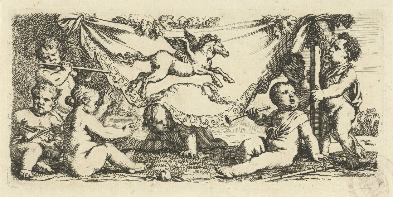 Putti dělá hudbu s Pegasem od Gerard de Lairesse
