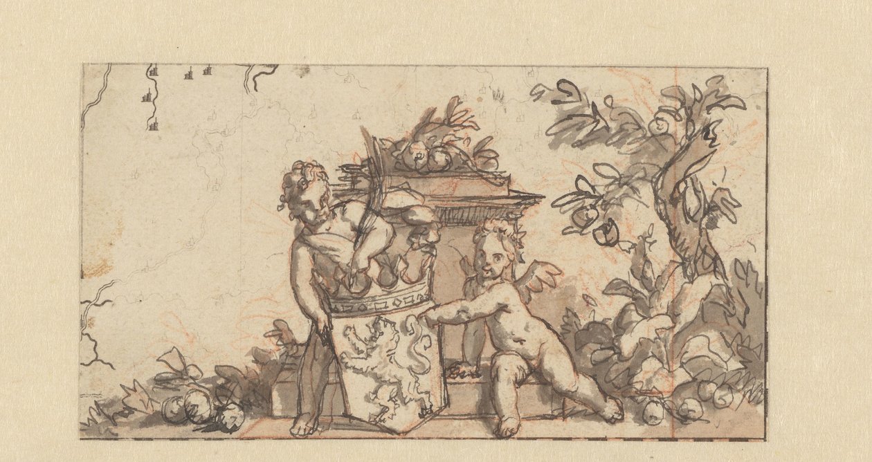 Design pro vinětu se dvěma putti s erbem Holandska od Gerard de Lairesse
