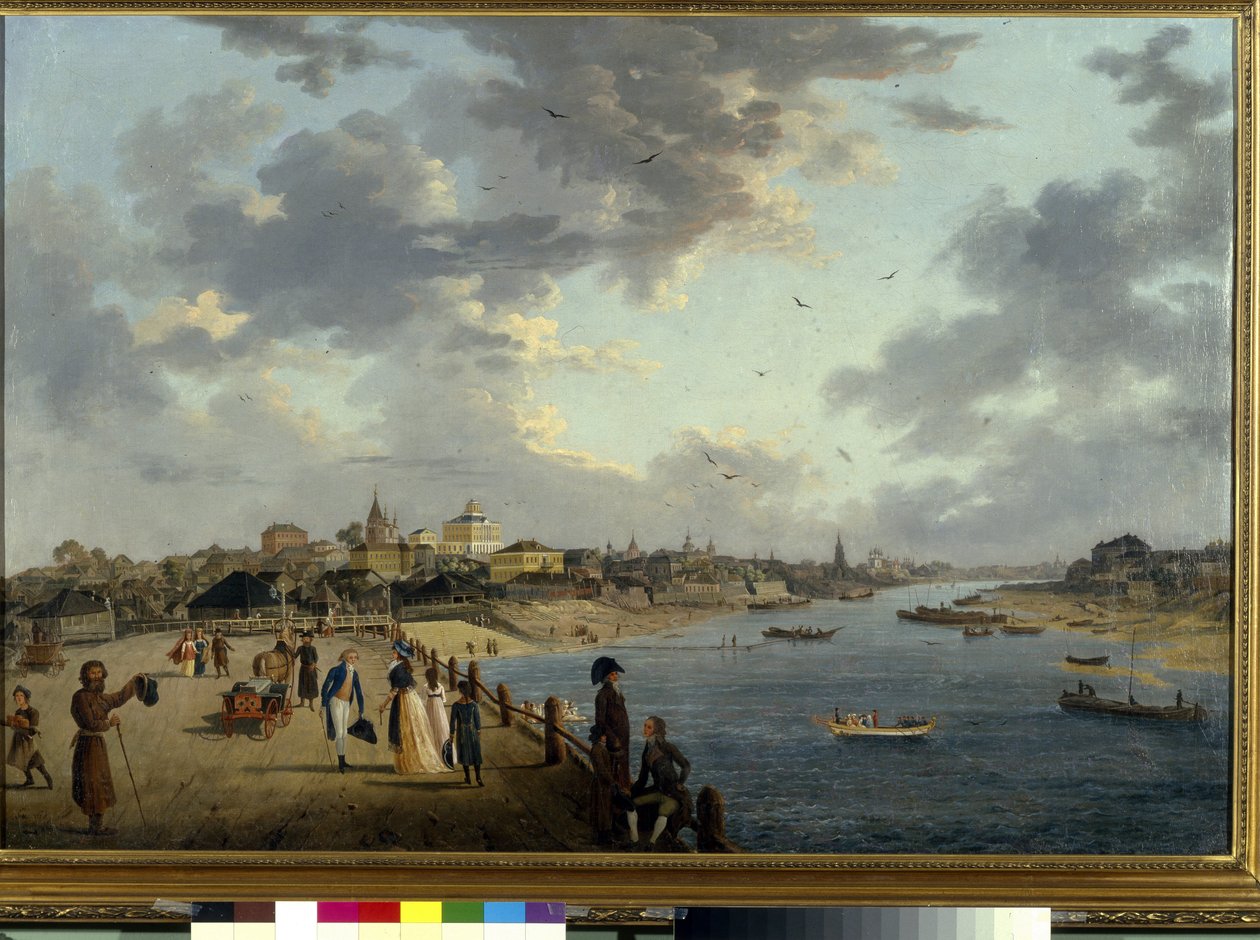 Řeka Yaouza v Moskvě. (řeka Yauza v Moskvě). Pohled na město a popis břehů přítoku Moscova. Malba Gerarda de la Barthe (činný v letech 1787-1810), olej na plátně, cca 1790. Francouzské umění od Gerard de la Barthe