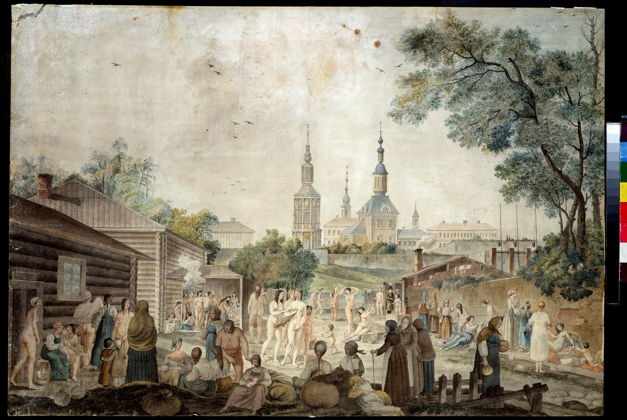 Termální kúra (sauna) v Moskvě (léčebná koupel v Moskvě). Malba Gerarda de la Barthe (aktivní mezi 1787 a 1810). Akvarel na papíře, 45,7 x 66,7 cm, kolem roku 1790. Francouzské umění 18. století. Muzeum soukromých sbírek v A. Pushkin Museum of Fine A od Gerard de la Barthe