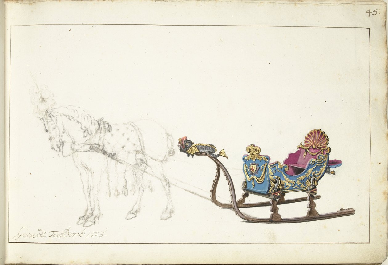 Kůň a sáně od Gerard ter Borch (II) (signed by artist)